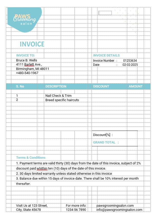 Pet Grooming Invoice Template PSD template
